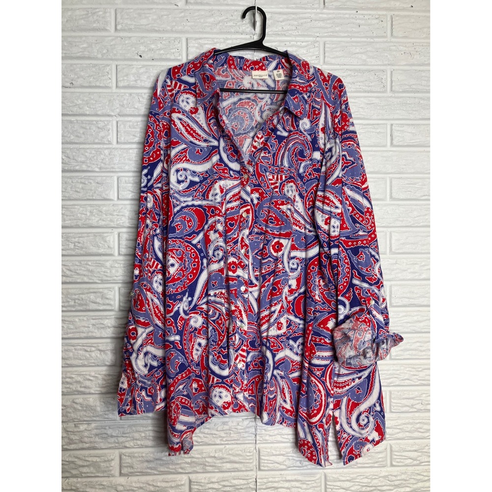 Westbound Paisley Button Up Shirt Womens 2X Red Blue Excellent Roll Tab Linen